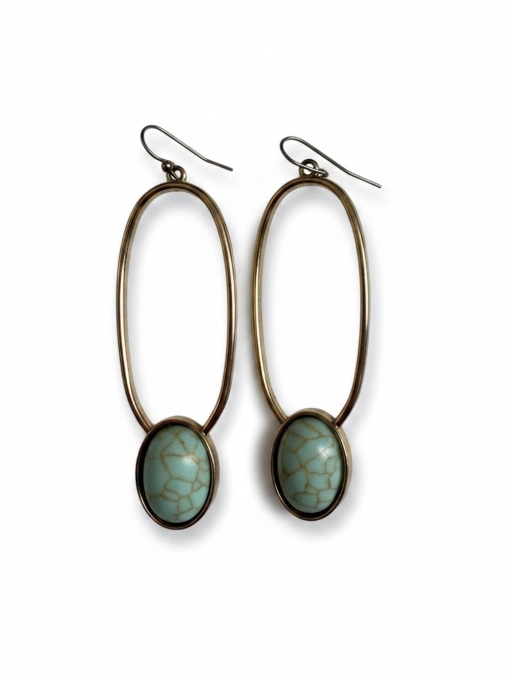 Gold-Tone Long Oval Hoop Earrings w/ Faux Turquoise Stone